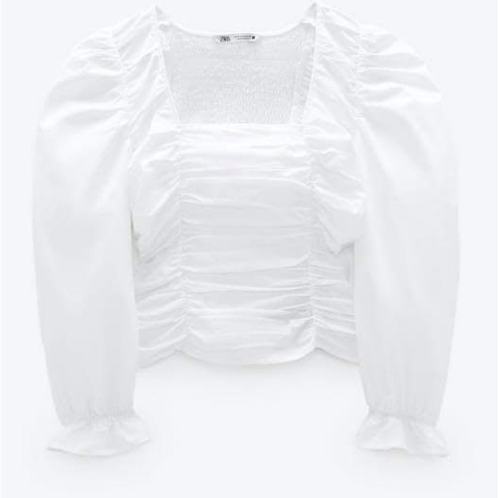 Zara White Poplin Ruched Smocked Balloon Sleeve Crop Top